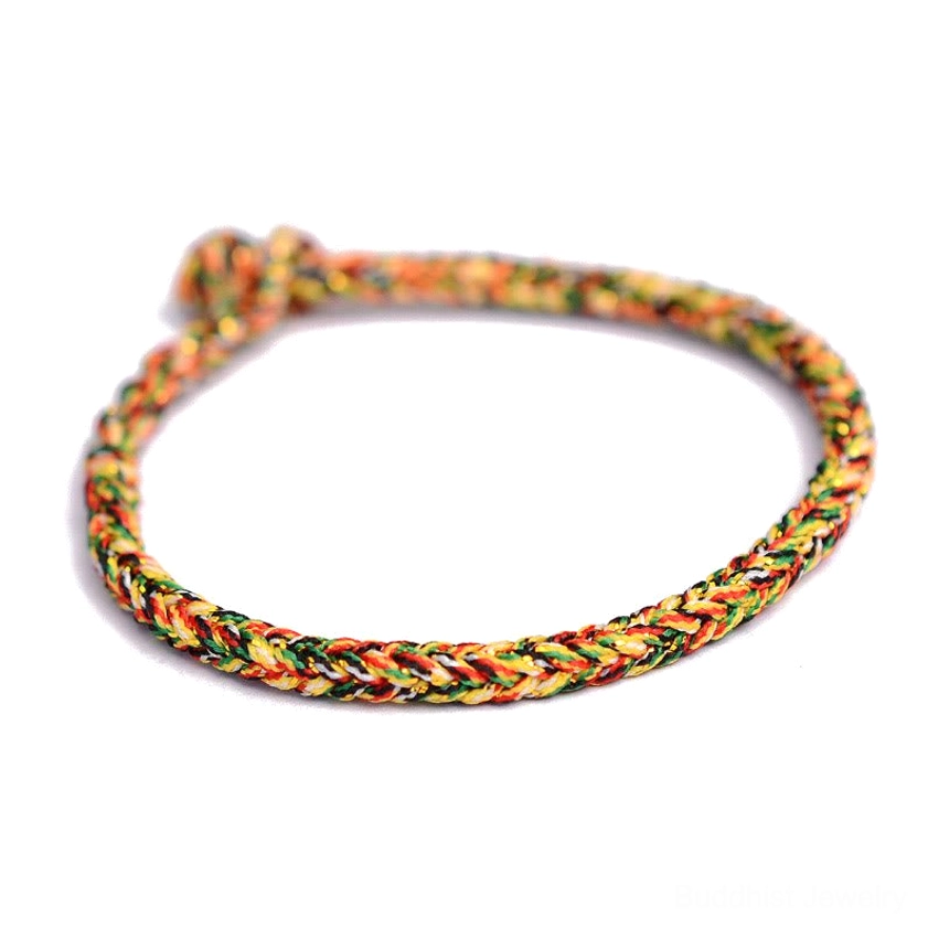 Vibrant multicolor Buddhist string bracelet with eight-thread braided pattern and traditional knotwork detail