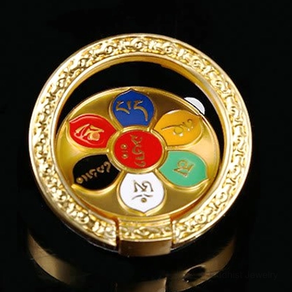 Multicolor Om Mani Padme Hum six-character mantra phone ring holder, vibrant enamel with five-color design
