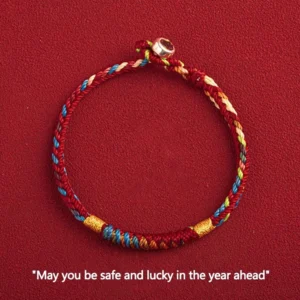 Multicolored Buddhist protection bracelet with King Kong Knot and red five-color thread, featuring 925 silver buckle on solid red background