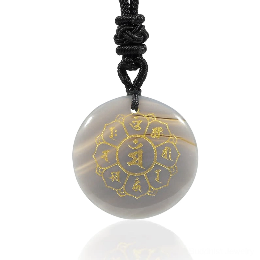 Multiple Buddhist Om Mani Padme Hum necklace pendants in various crystal stones for spiritual healing and protection