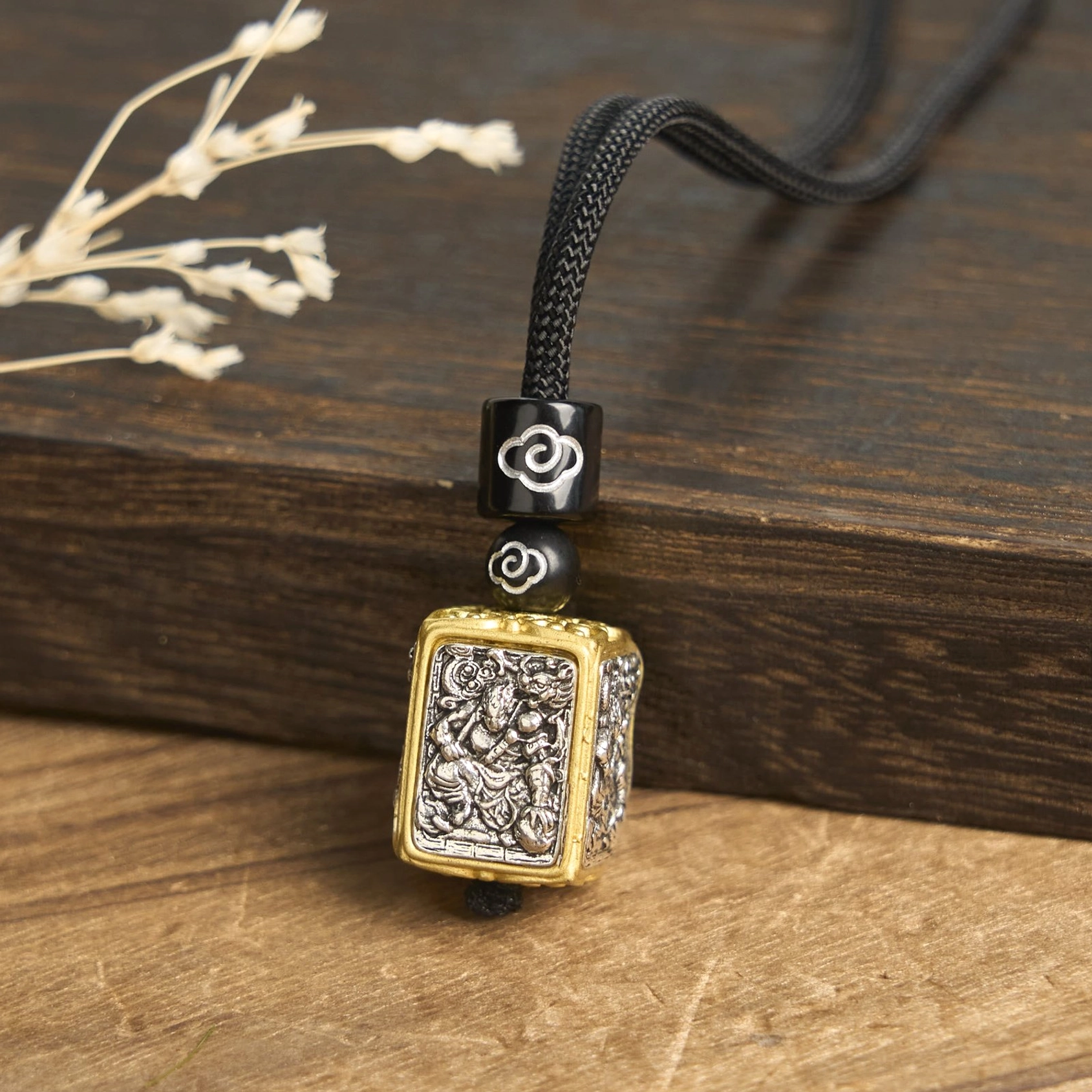 Mythical beast square pendant with intricate relief detail and gold-silver metal frame, protective symbol