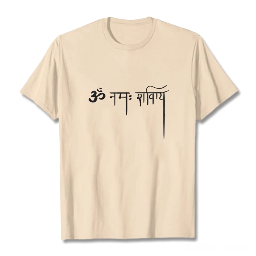 Namah Shivaya Sanskrit t-shirt beige crewneck flat lay white background