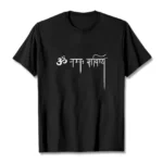 Namah Shivaya Sanskrit t-shirt flat lay front view white background silver lettering