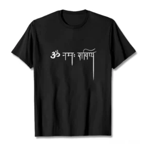 Namah Shivaya Sanskrit t-shirt flat lay front view white background silver lettering