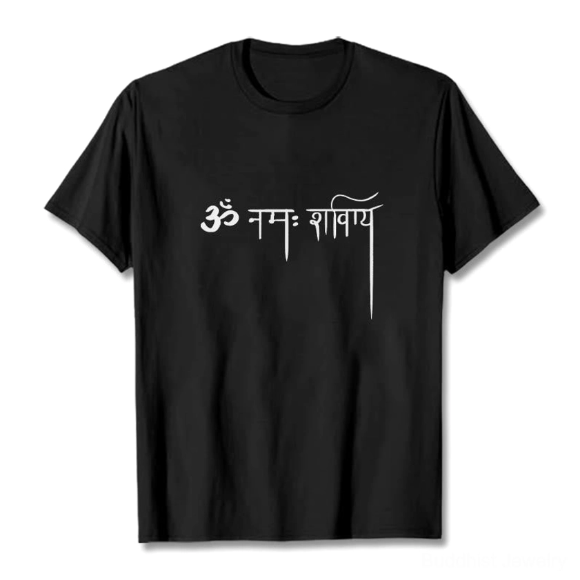 Namah Shivaya Sanskrit t-shirt flat lay front view white background silver lettering