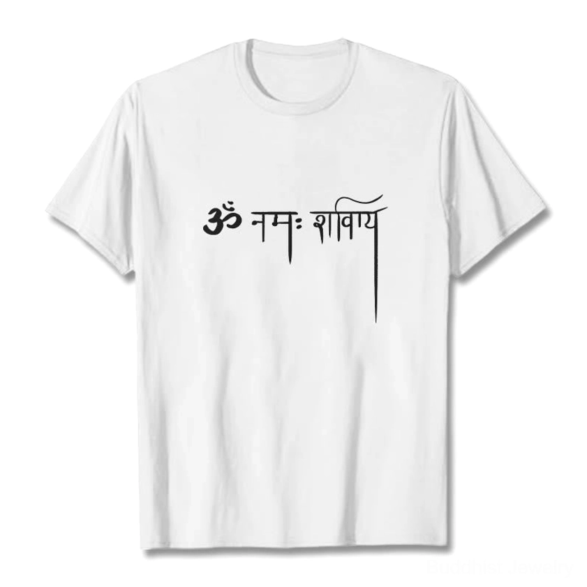 Namah Shivaya Sanskrit t-shirt white cotton fabric flat lay black print