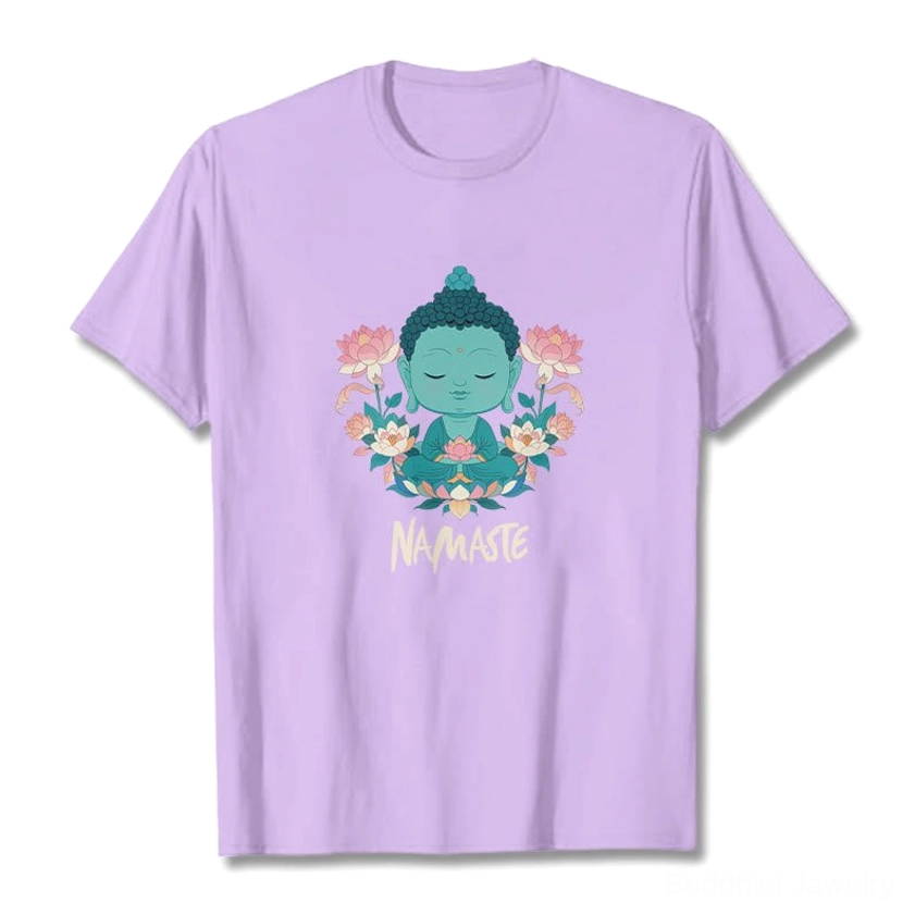 Back view namaste Buddha lotus meditation tee showing graphic placement design