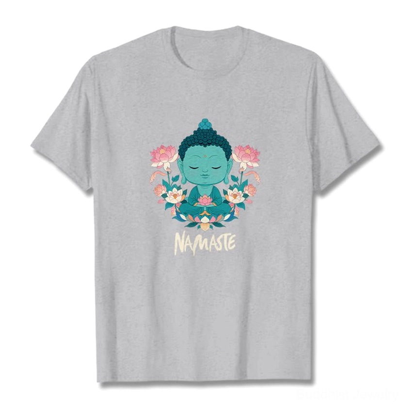 Beige namaste Buddha lotus meditation tee flat lay all sizes S to 2XL light grey