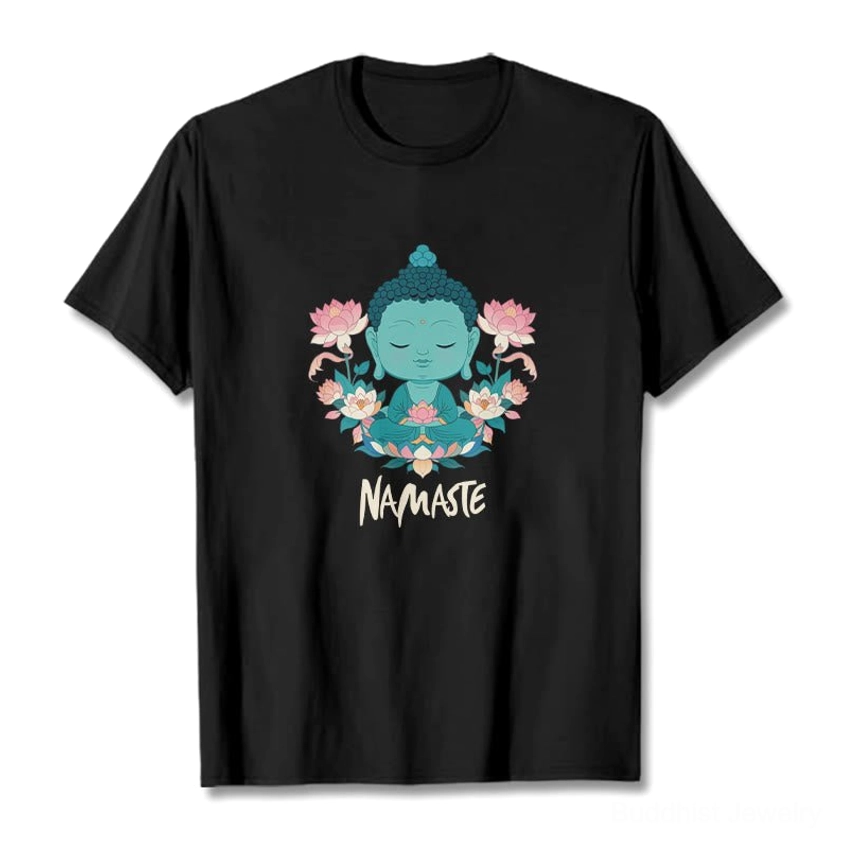 Beige namaste Buddha lotus graphic tee model wearing casual everyday outfit