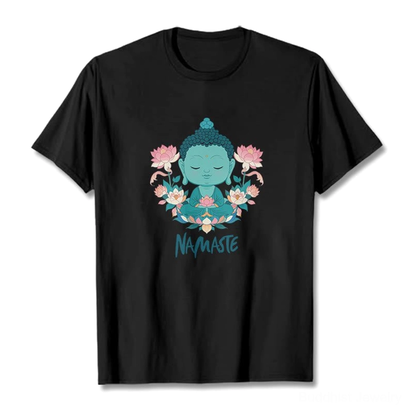 Namaste Buddha lotus meditation tee flat lay black background durable cotton print design