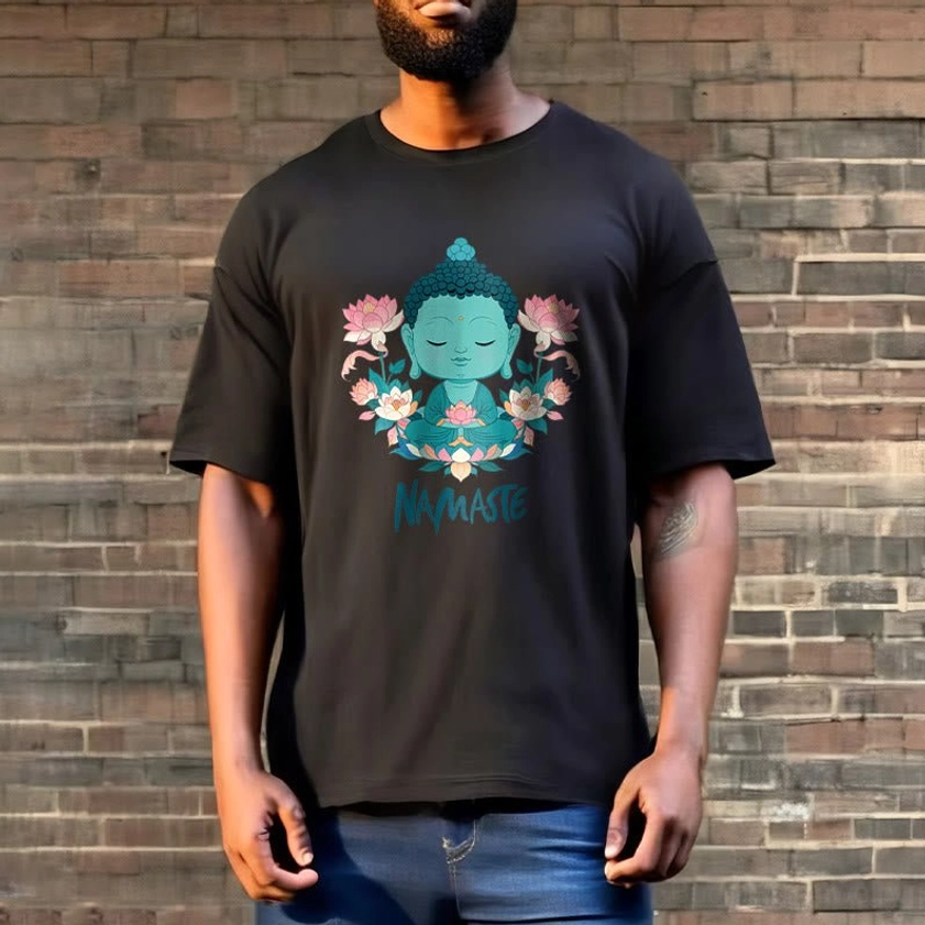 Woman in black namaste Buddha lotus meditation tee with blue jeans urban streetwear aesthetic