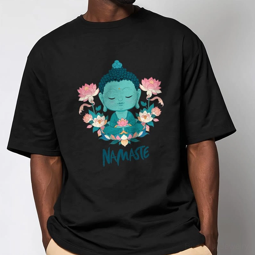 Model wearing black namaste Buddha lotus tee with khaki pants crew neck classic fit