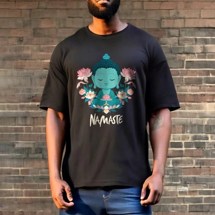 Multiple namaste Buddha lotus meditation tees folded display showing color variations