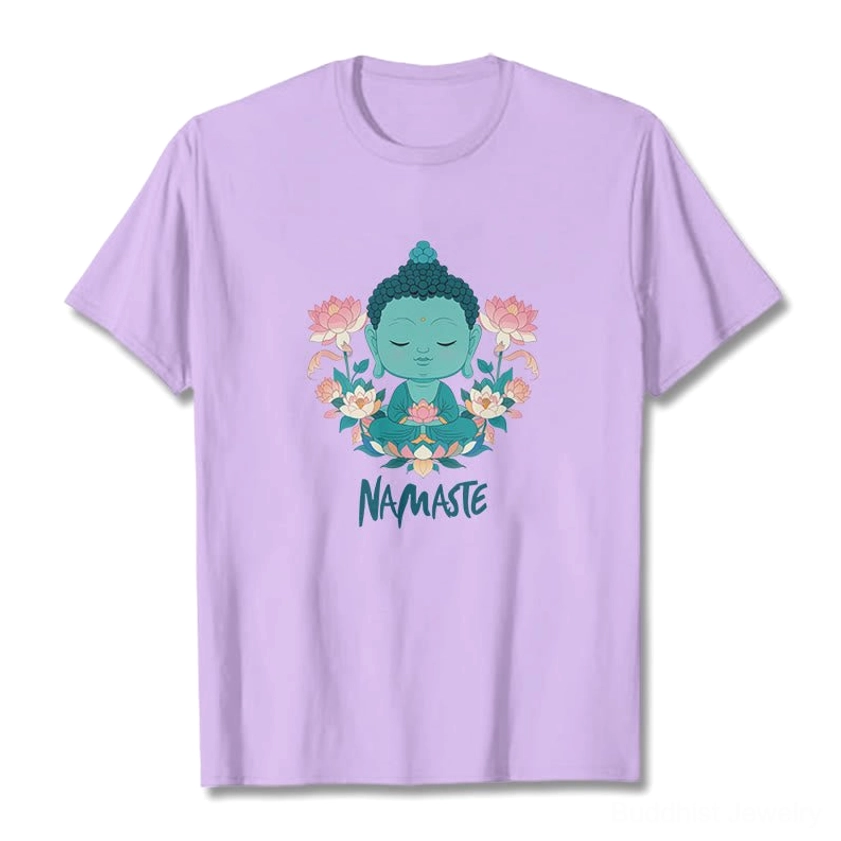 Namaste Buddha lotus tee neckline and shoulder detail crew neck design