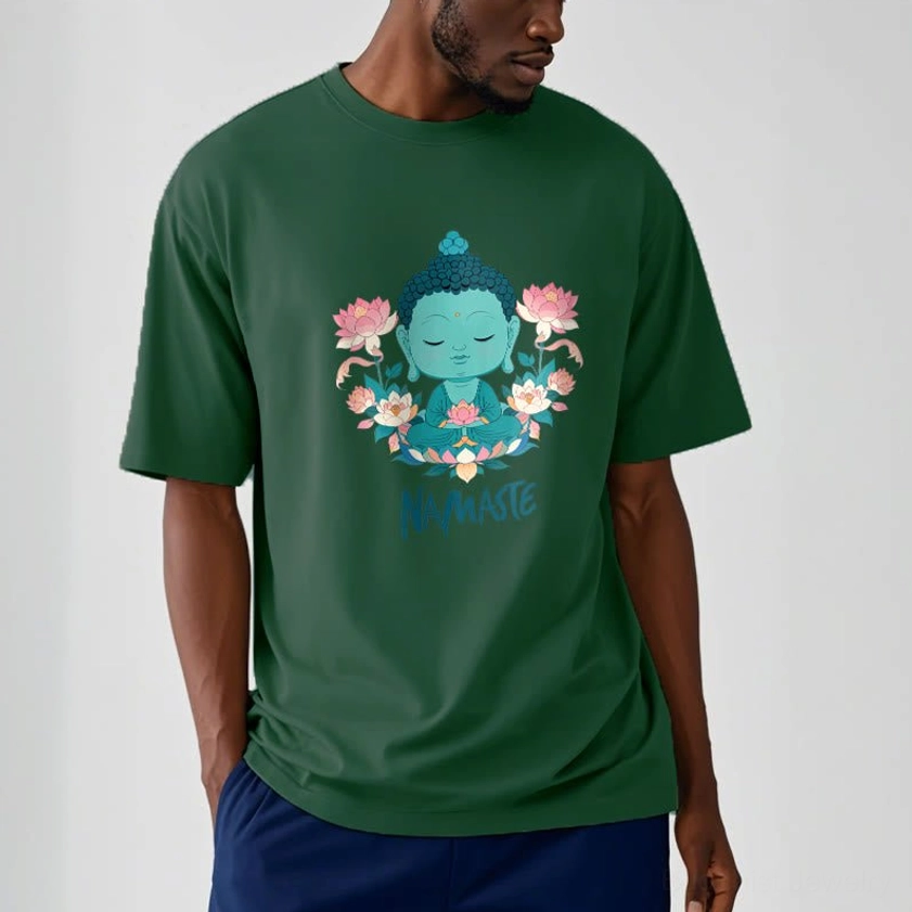 Namaste Buddha lotus meditation tee fabric texture showing premium soft cotton material