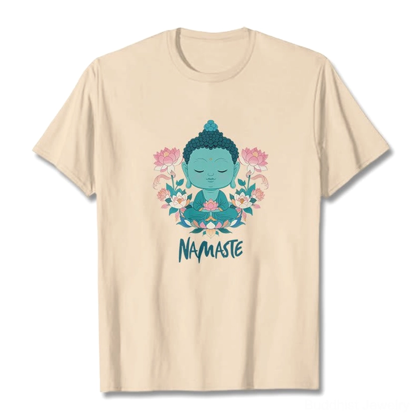 Namaste Buddha lotus meditation tee detail shot showing white ink graphic printing quality