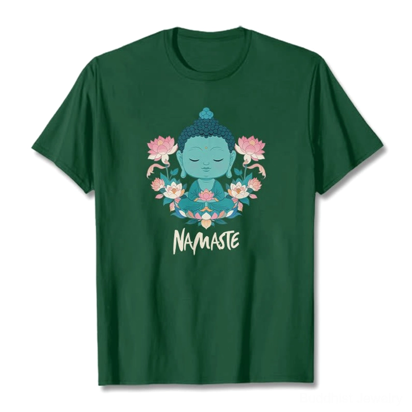 Green namaste Buddha lotus meditation tee model wear demonstration fit
