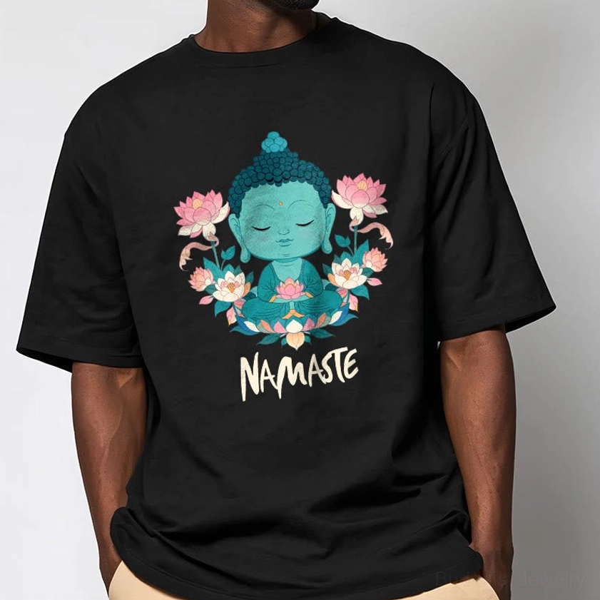 Namaste Buddha lotus meditation tee green print color detail close-up graphic
