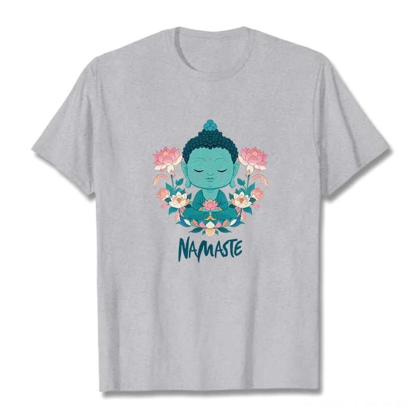 Green namaste Buddha lotus graphic tee light grey base color front view