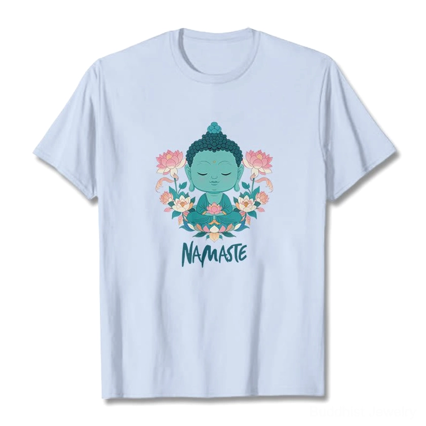 Namaste Buddha lotus meditation tee hanging display showing drape and length