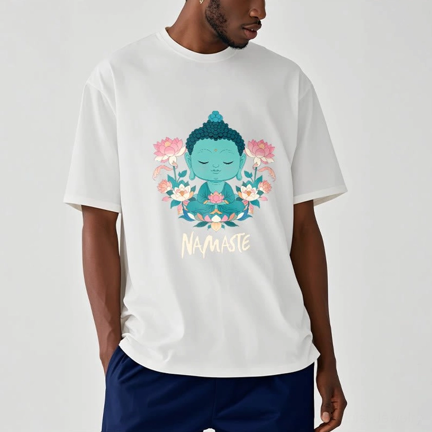 Woman wearing namaste Buddha lotus meditation tee casual mindfulness lifestyle photography