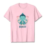 Namaste Buddha lotus meditation tee flat lay front view with teal graphic print on light pink cotton t-shirt