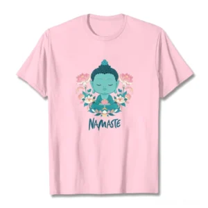 Namaste Buddha lotus meditation tee flat lay front view with teal graphic print on light pink cotton t-shirt