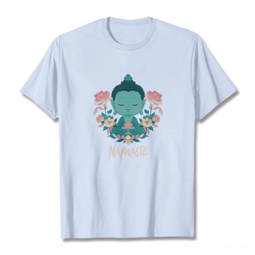Namaste Buddha lotus tee worn during meditation practice mindfulness journey