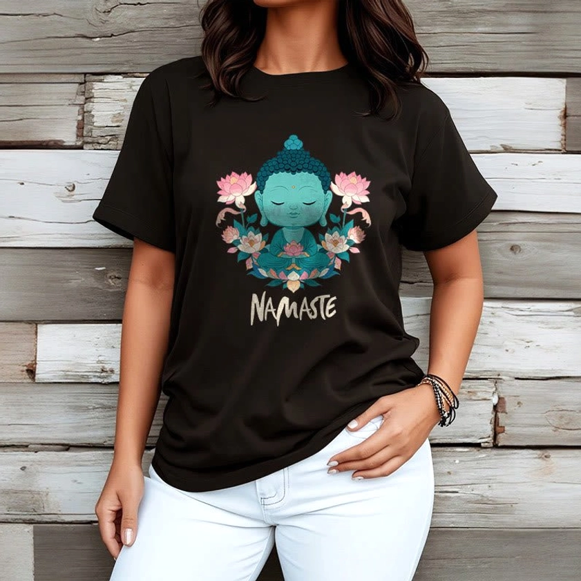 Namaste Buddha lotus meditation tee with meditation cushion yoga setup lifestyle