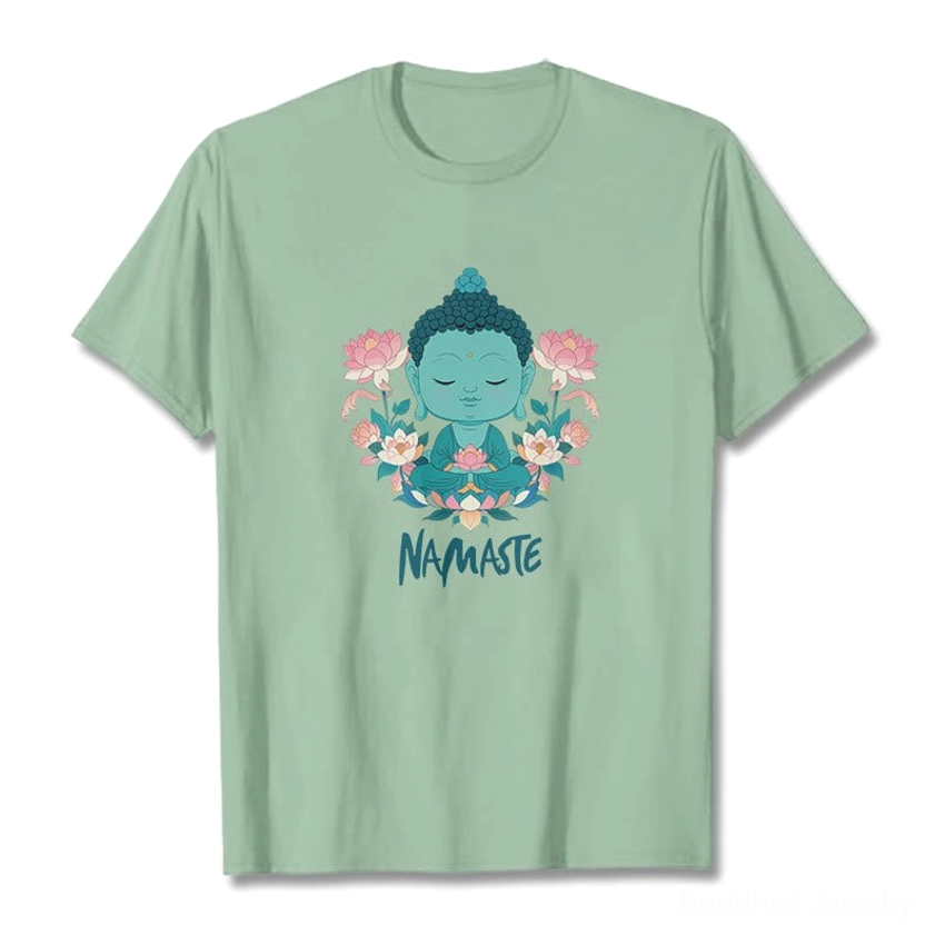 Namaste Buddha lotus graphic tee side angle view relaxed fit unisex silhouette