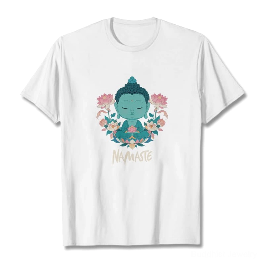 Namaste Buddha lotus tee size range display S to 2XL true to size fit guide