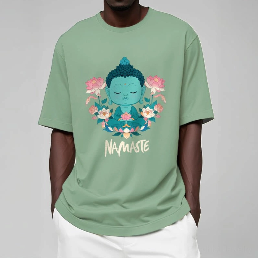 Namaste Buddha lotus meditation tee sizing chart measurement guide inches centimeters