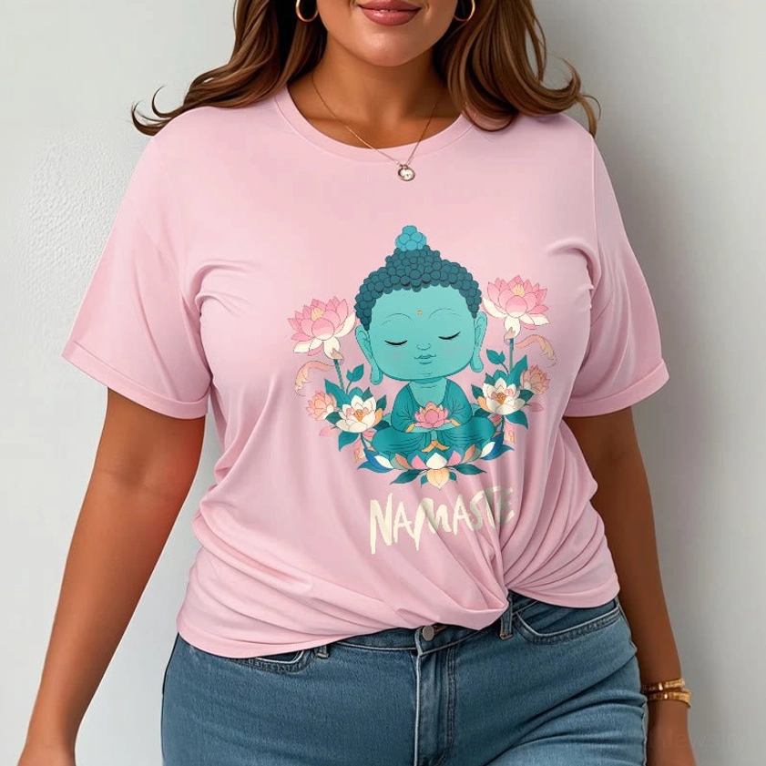 Model styling namaste Buddha lotus meditation tee with spiritual jewelry and accessories