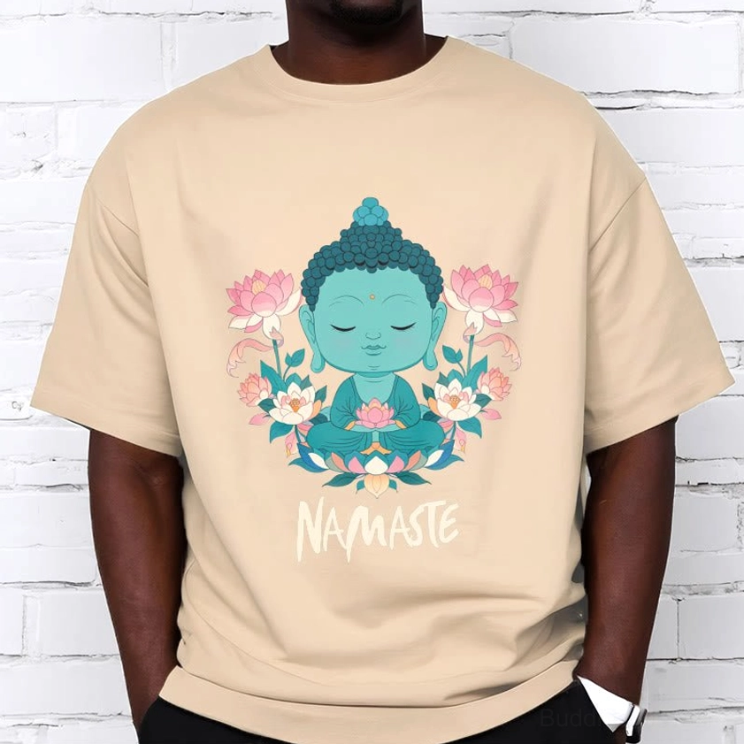 Woman modeling namaste Buddha lotus meditation tee for spiritual wellness brand
