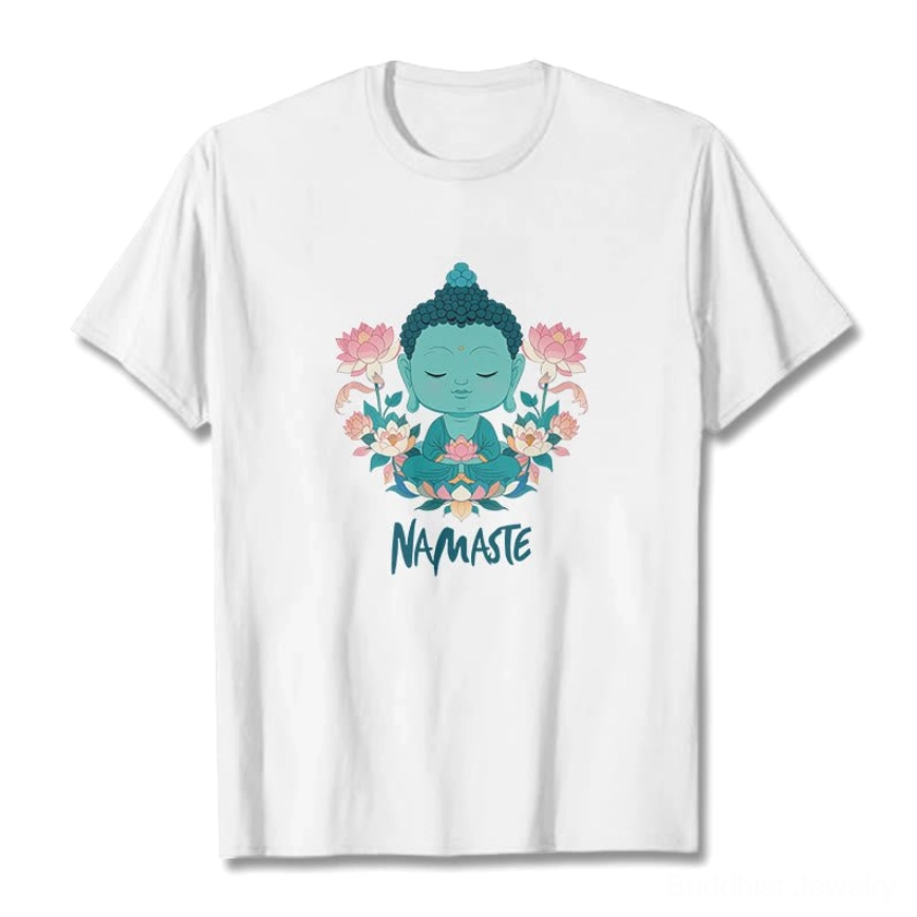Namaste Buddha lotus graphic tee flat lay on white background soft premium cotton fabric