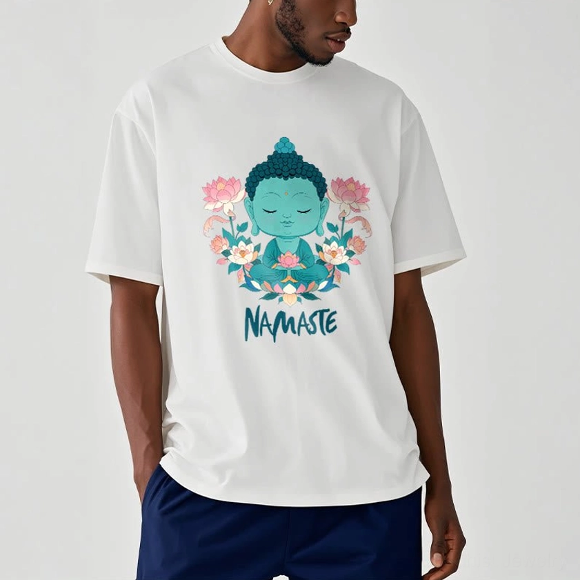 Model wearing white namaste Buddha lotus meditation tee with navy shorts casual streetwear style