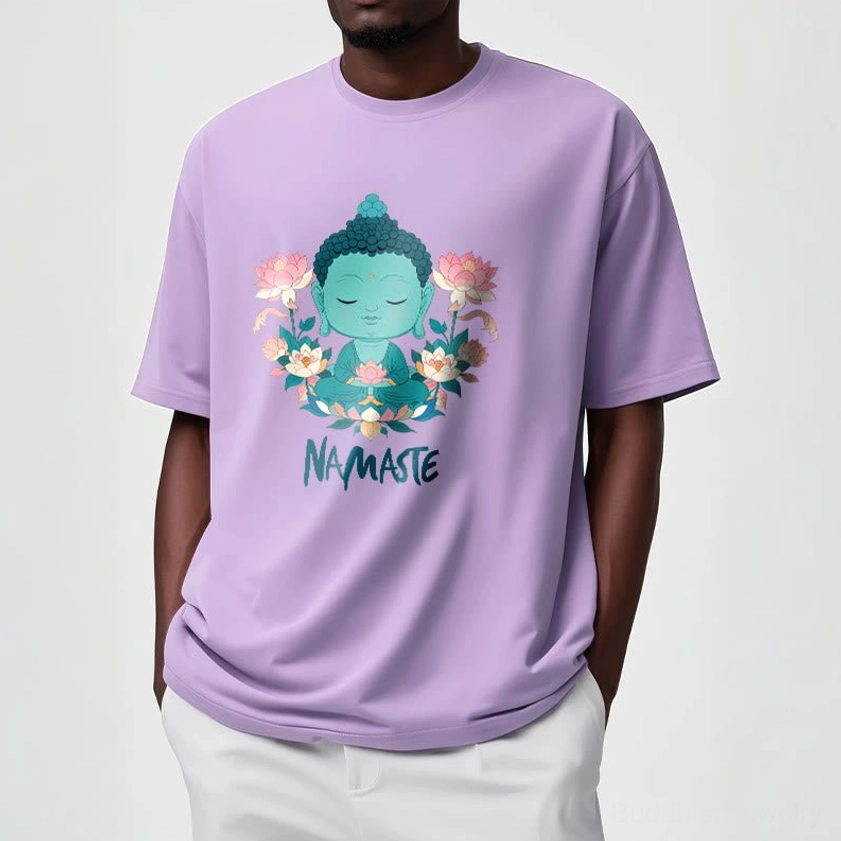Woman styling namaste Buddha lotus meditation tee with yoga mat meditation accessories