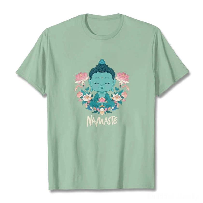 Namaste Buddha lotus tee worn by yoga teacher meditation studio environment