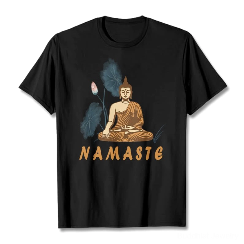 Black Namaste Buddha Lotus T-Shirt flat lay showing Buddha seated in meditation with sacred lotus and Namaste text