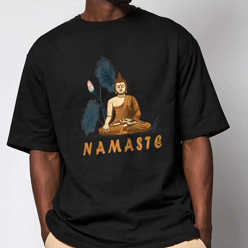 Oversized black Namaste Buddha Lotus mindfulness T-Shirt displayed on male model for comfortable daily wear