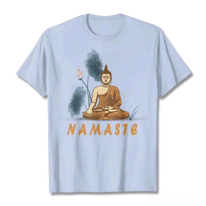 Namaste Buddha Lotus T-Shirt product care instructions and fabric composition details for proper maintenance