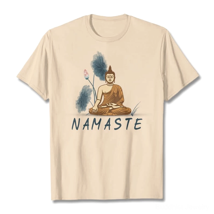 Namaste Buddha Lotus T-Shirt material swatch showing 100% premium cotton texture and softness