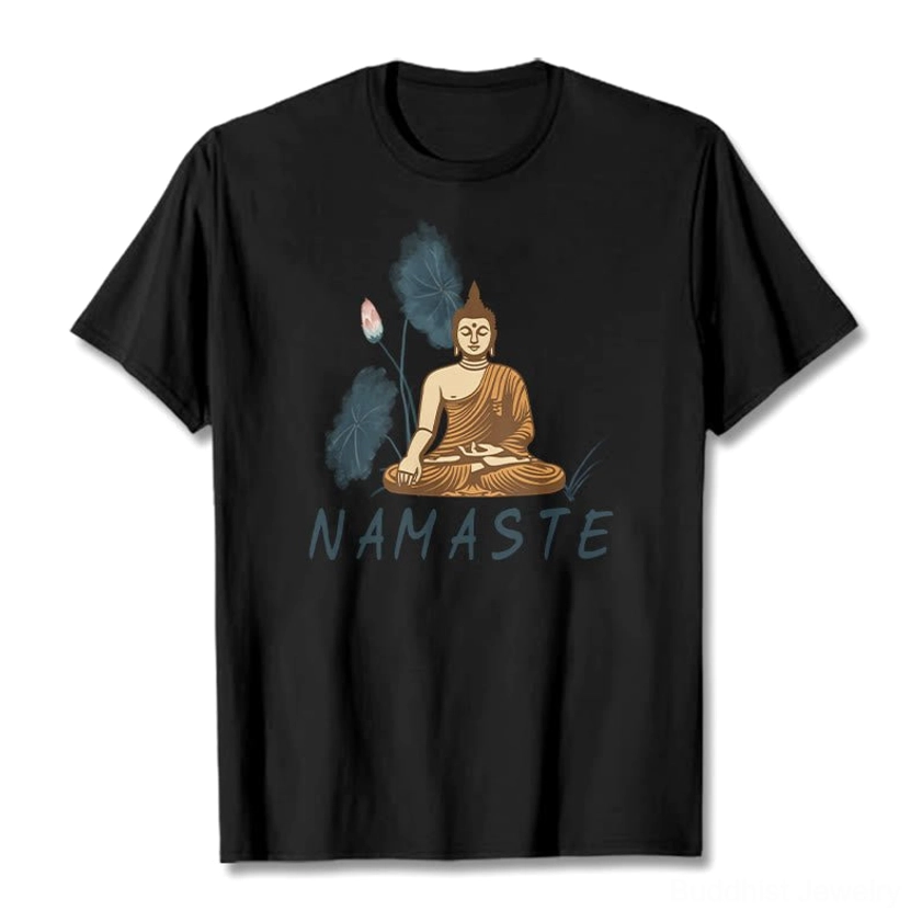 Namaste Buddha Lotus mindfulness T-Shirt showing eco-friendly natural material construction quality