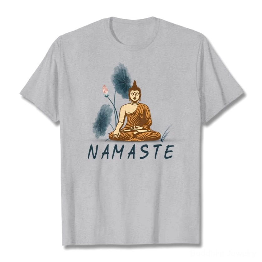 Light grey Namaste Buddha Lotus T-Shirt thin and bold font options side-by-side comparison