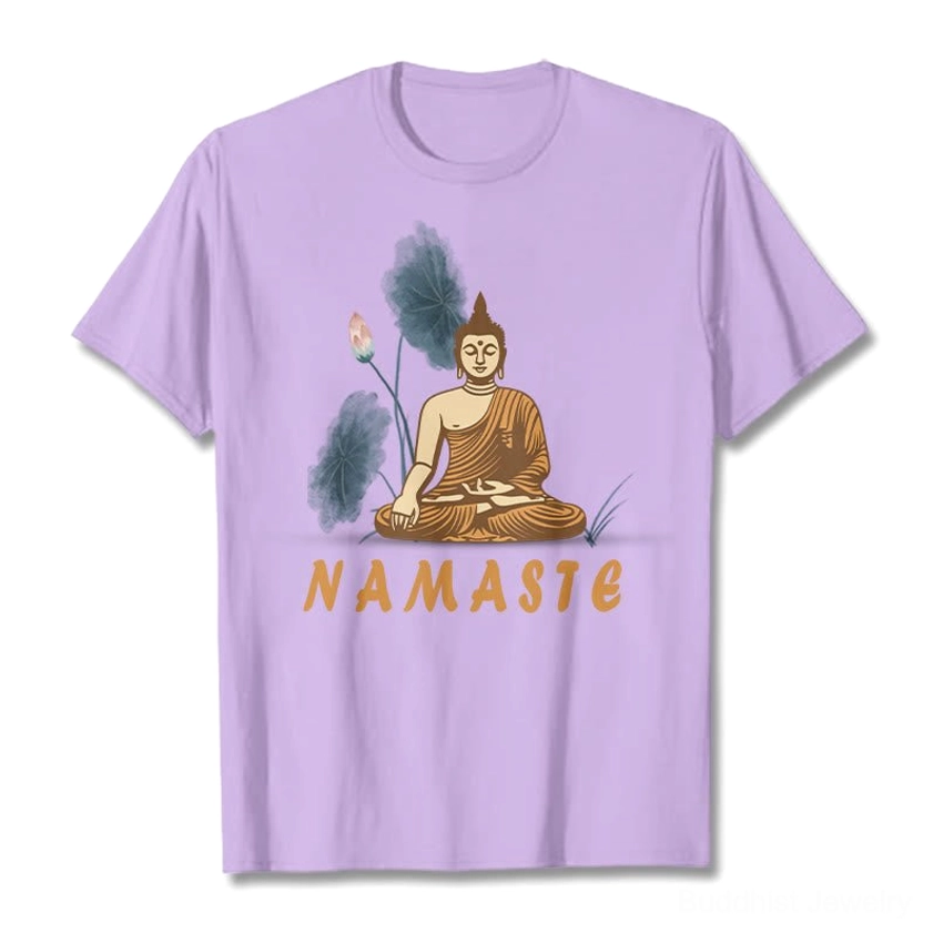 Namaste Buddha Lotus spiritual T-Shirt light grey bold font style with centered meditation Buddha print