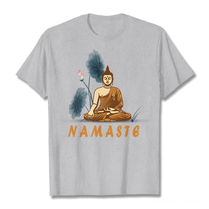 Light grey Namaste Buddha Lotus T-Shirt bold font version showing crew neck and full front print display
