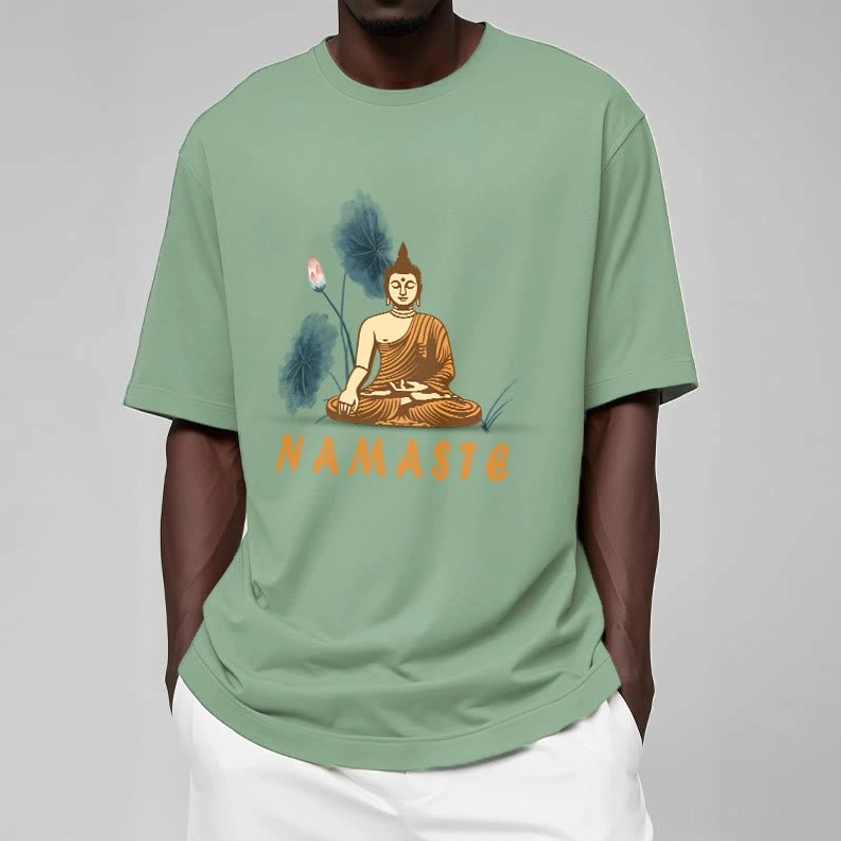 Light grey Namaste Buddha Lotus T-Shirt with bold font Namaste print and Buddha meditation imagery