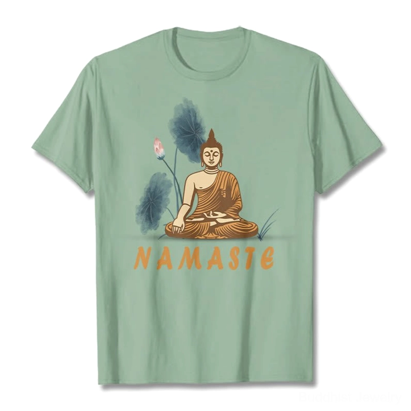 Bold font Namaste Buddha Lotus T-Shirt in light grey featuring prominent text and sacred lotus design