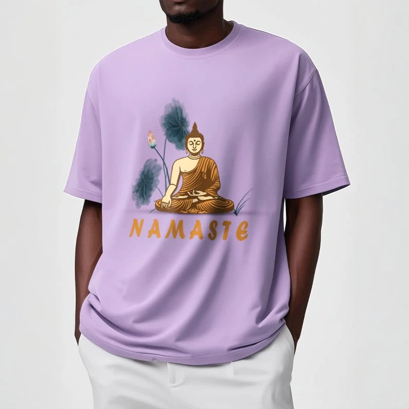 Light grey Namaste Buddha Lotus T-Shirt size guide showing fit across different measurements for unisex sizing