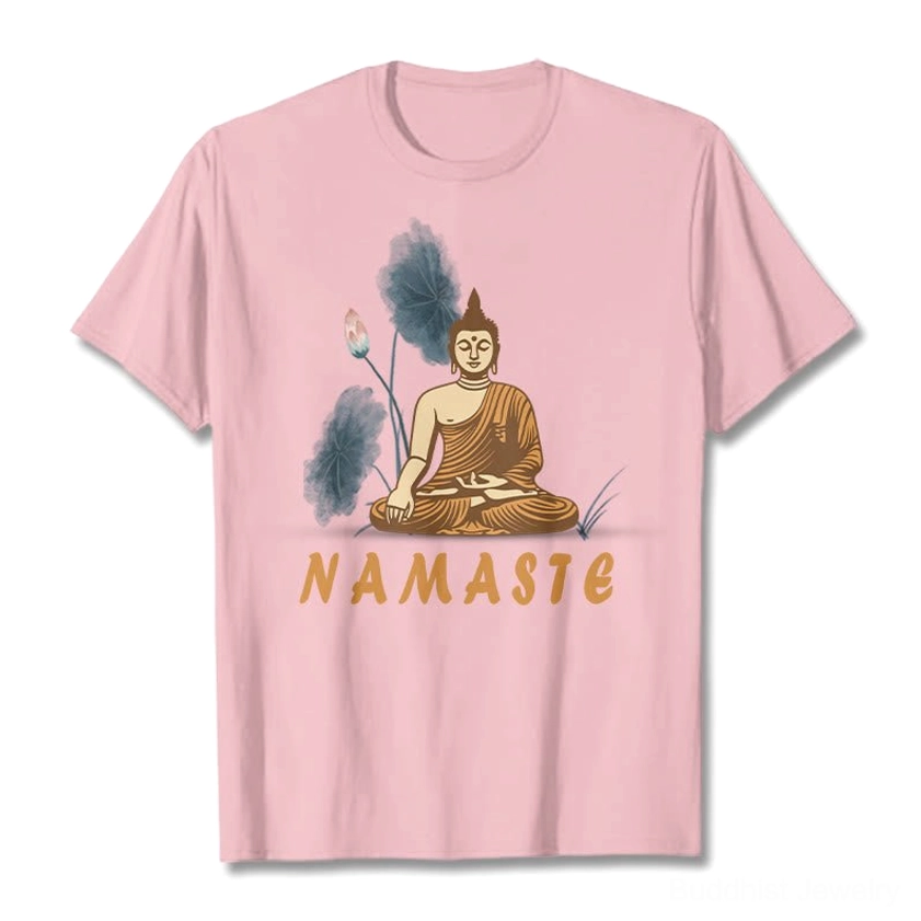 Light grey Namaste Buddha Lotus meditation T-Shirt showing thin font Namaste text with Buddha imagery